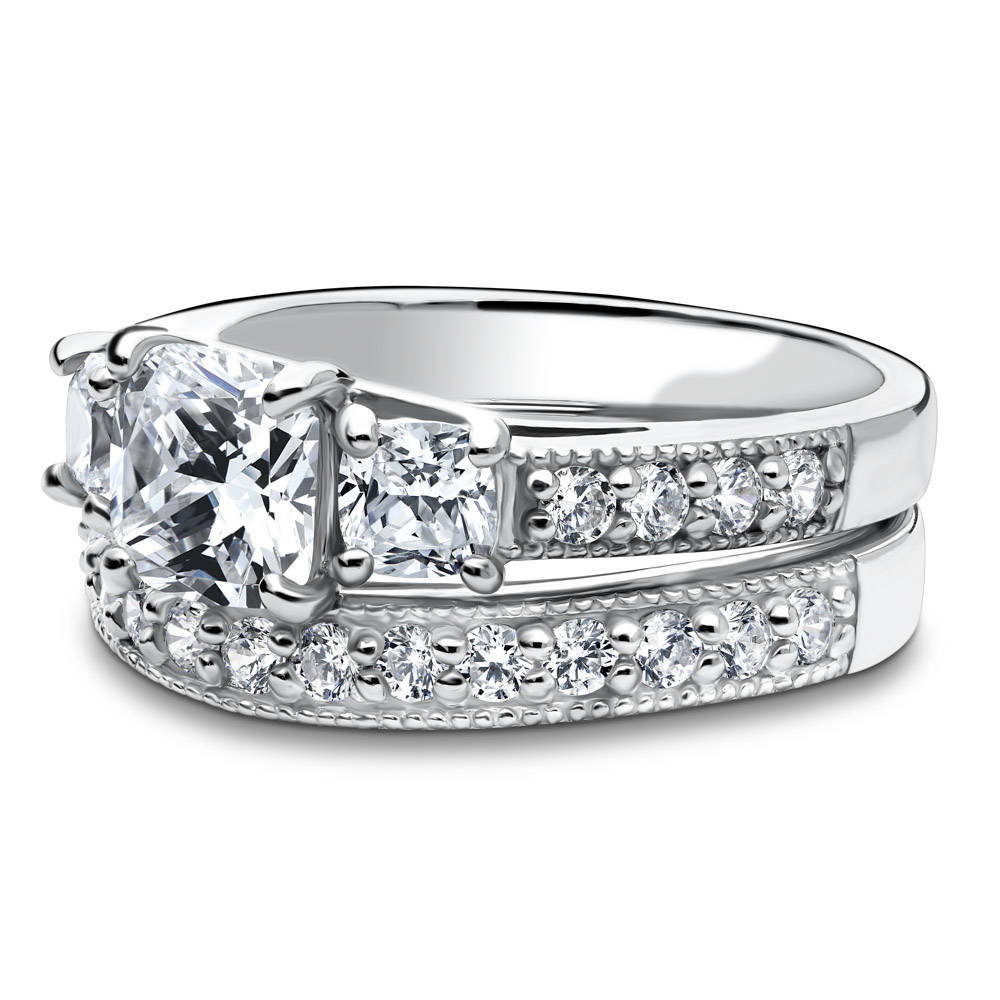 Angle view of 3-Stone 1.5ct Cushion CZ Ring Set in Sterling Silver, 5 of 10