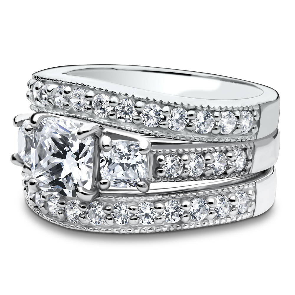 Angle view of 3-Stone 1.5ct Cushion CZ Ring Set in Sterling Silver, 5 of 9