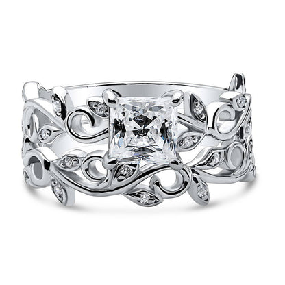Solitaire Leaf Filigree Princess CZ Ring Set in Sterling Silver