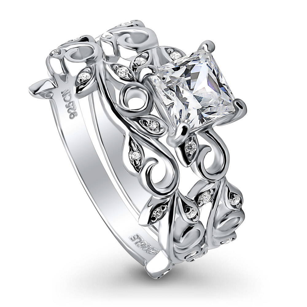 Front view of Solitaire Leaf Filigree Princess CZ Ring Set in Sterling Silver, 4 of 11