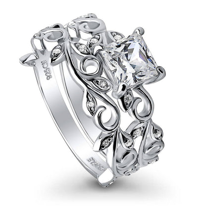 Solitaire Leaf Filigree Princess CZ Ring Set in Sterling Silver