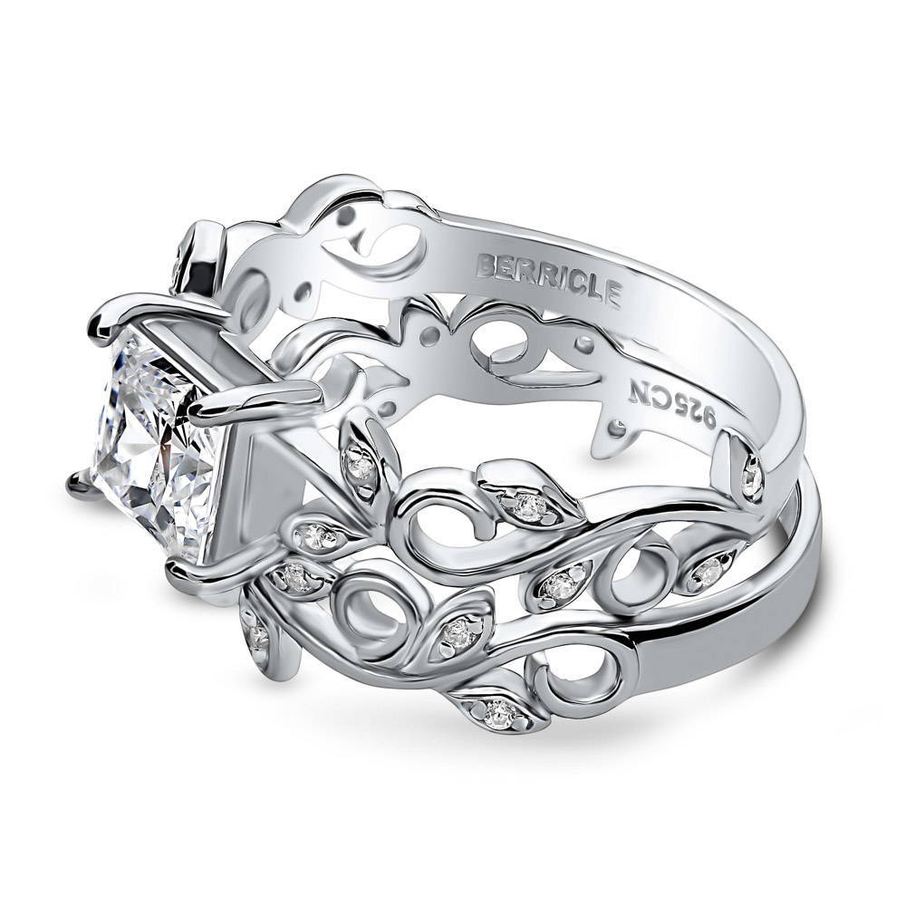 Angle view of Solitaire Leaf Filigree Princess CZ Ring Set in Sterling Silver, 5 of 11