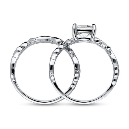 Solitaire Leaf Filigree Princess CZ Ring Set in Sterling Silver