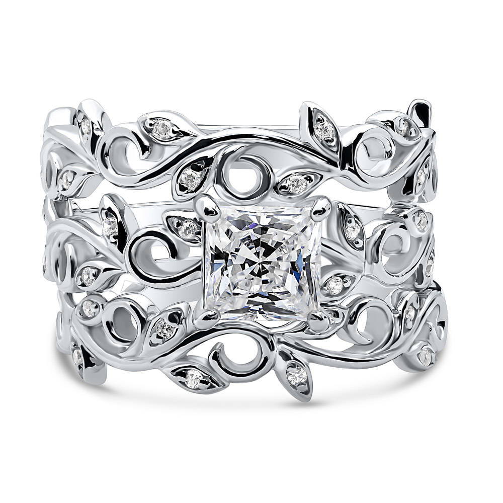 Solitaire Leaf Filigree Princess CZ Ring Set in Sterling Silver, 1 of 12