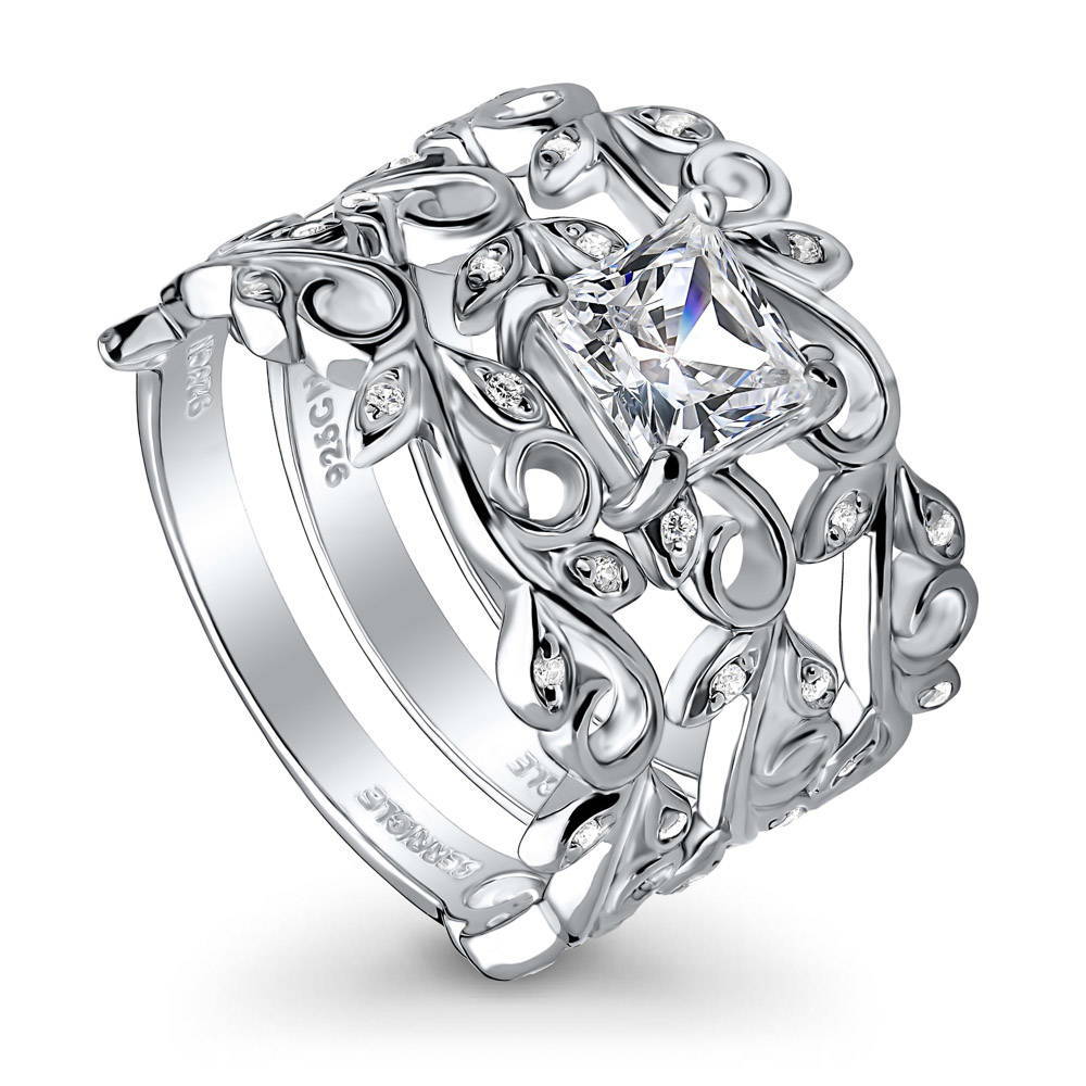 Solitaire Leaf Filigree Princess CZ Ring Set in Sterling Silver