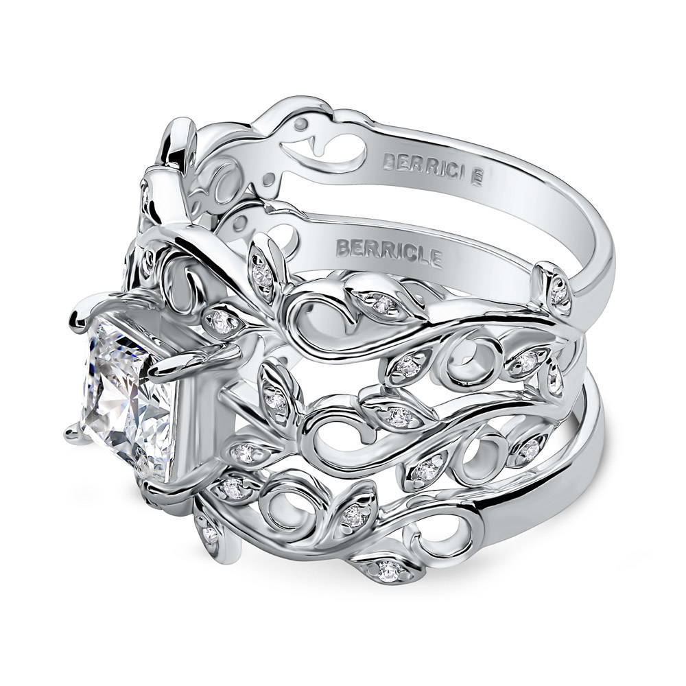 Angle view of Solitaire Leaf Filigree Princess CZ Ring Set in Sterling Silver, 5 of 12