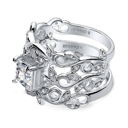 Solitaire Leaf Filigree Princess CZ Ring Set in Sterling Silver