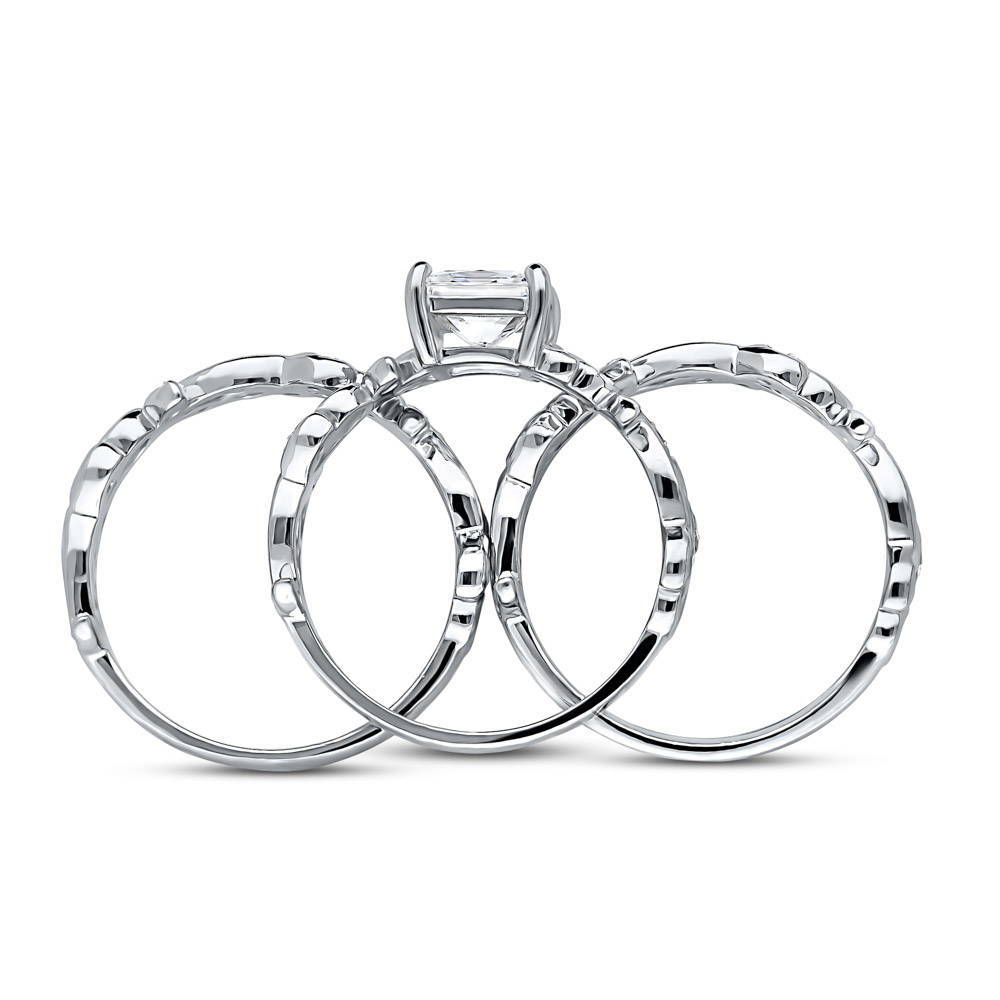 Solitaire Leaf Filigree Princess CZ Ring Set in Sterling Silver