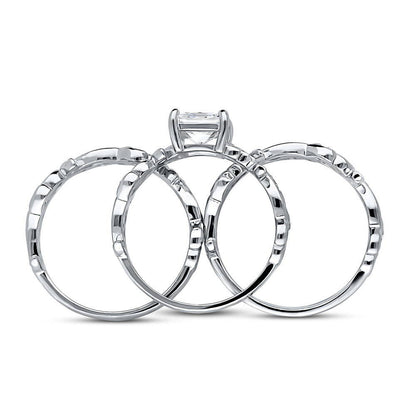 Solitaire Leaf Filigree Princess CZ Ring Set in Sterling Silver