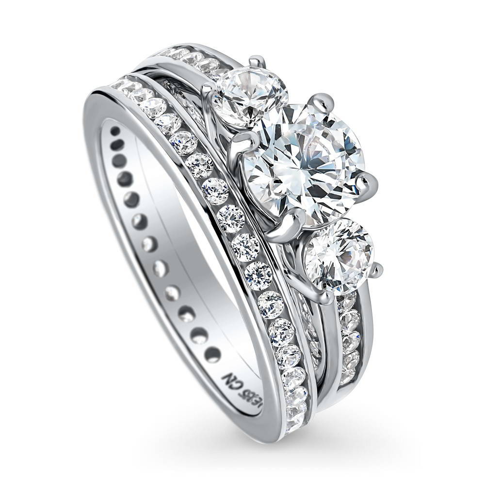 Front view of 3-Stone 1ct CZ Ring Set in Sterling Silver, 4 of 12
