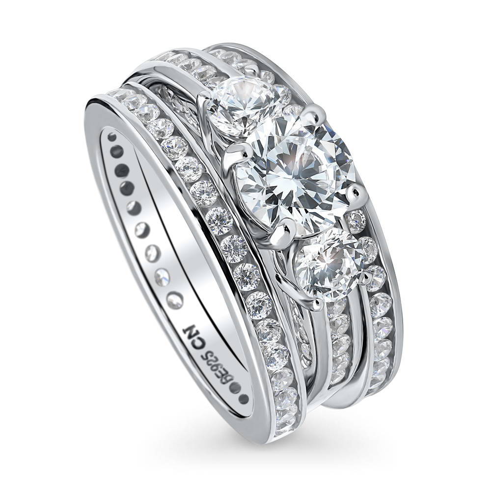 Front view of 3-Stone 1ct CZ Ring Set in Sterling Silver, 4 of 13