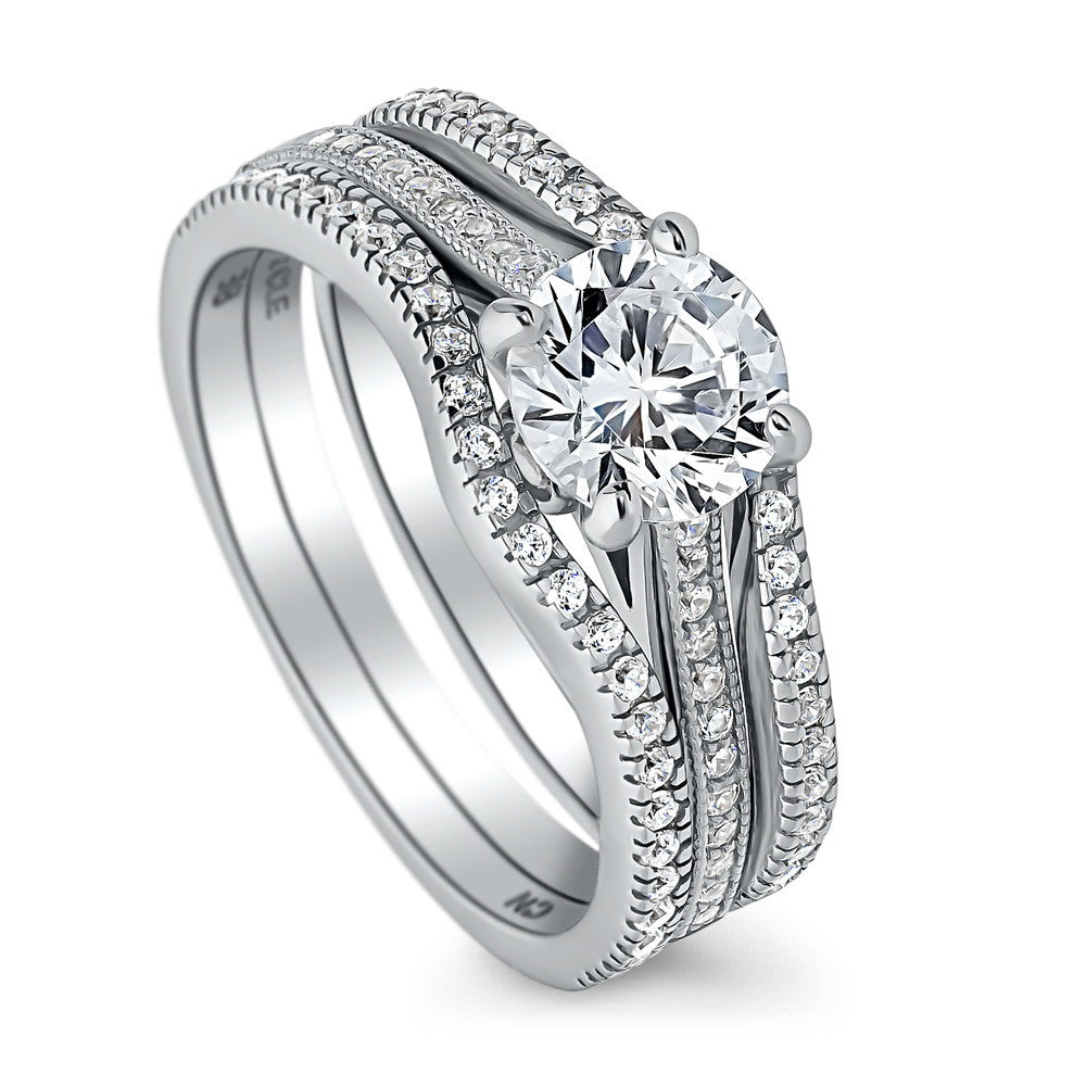 Front view of Solitaire Wishbone 1ct CZ Ring Set in Sterling Silver, 4 of 16