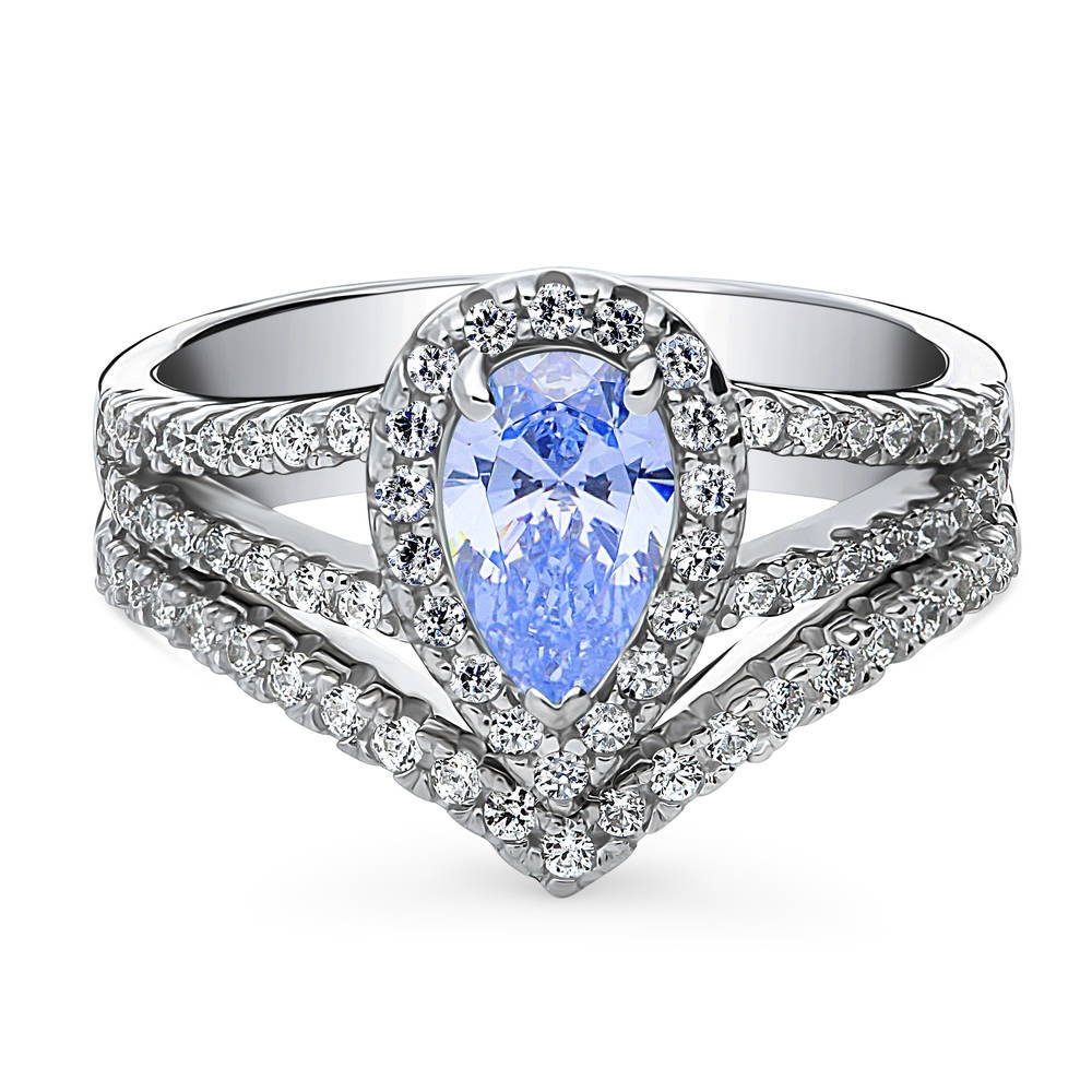 Halo Wishbone Blue CZ Split Shank Ring Set in Sterling Silver