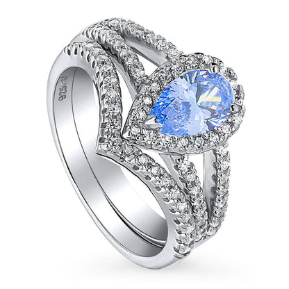 Halo Wishbone Blue CZ Split Shank Ring Set in Sterling Silver