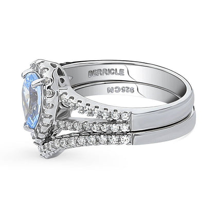 Halo Wishbone Blue CZ Split Shank Ring Set in Sterling Silver