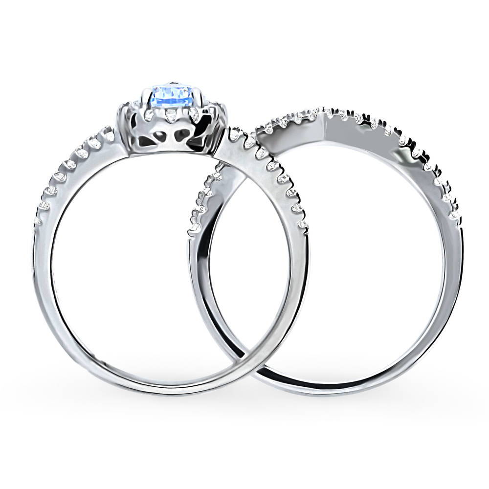 Alternate view of Halo Wishbone Blue CZ Split Shank Ring Set in Sterling Silver, 8 of 11