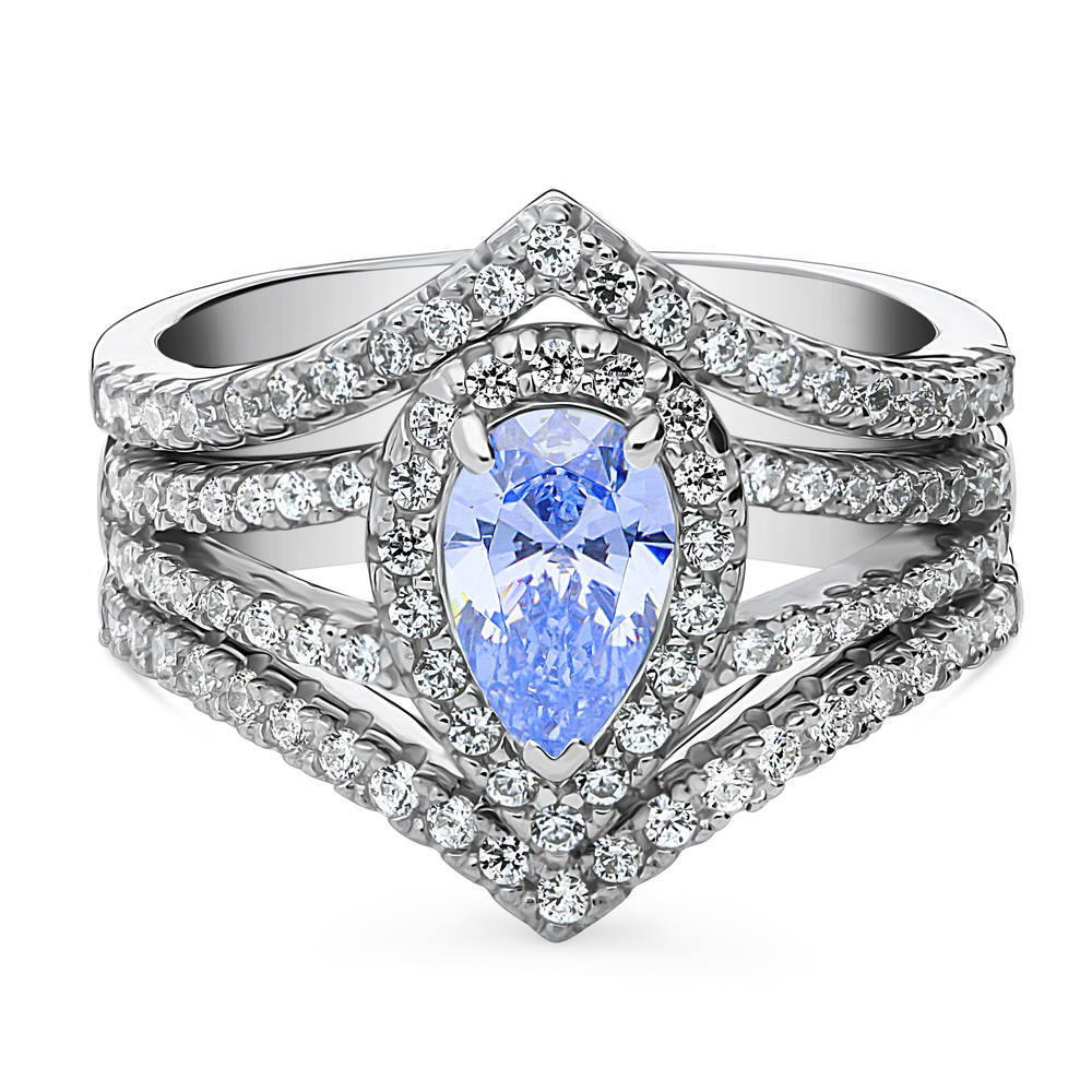 Halo Wishbone Blue CZ Split Shank Ring Set in Sterling Silver