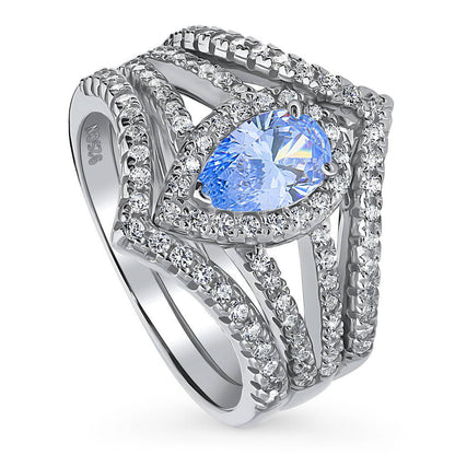 Halo Wishbone Blue CZ Split Shank Ring Set in Sterling Silver