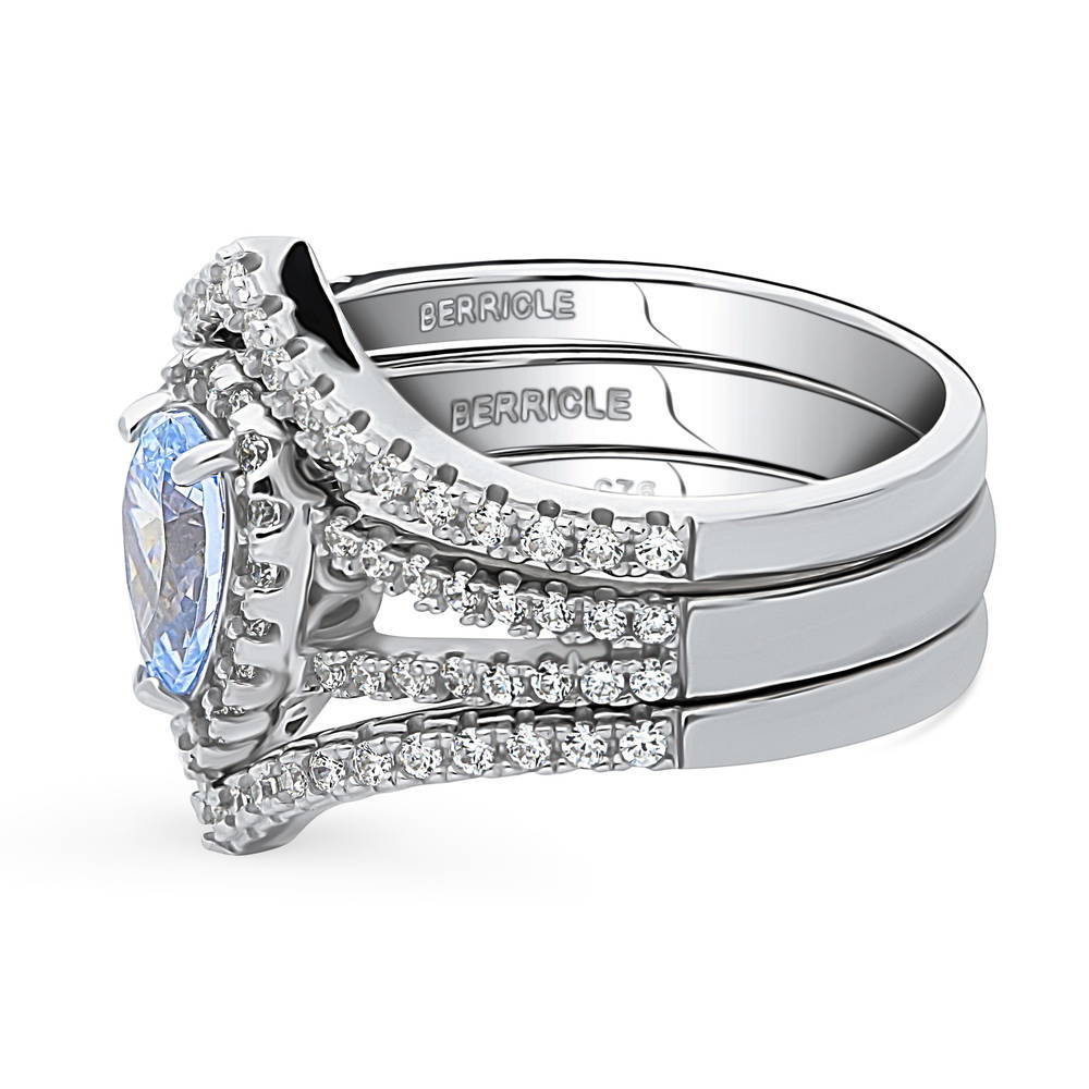 Halo Wishbone Blue CZ Split Shank Ring Set in Sterling Silver