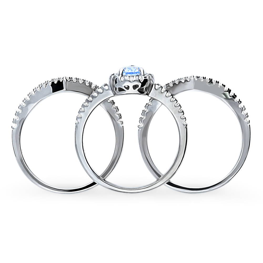 Halo Blue Pear CZ Split Shank Ring Set in Sterling Silver