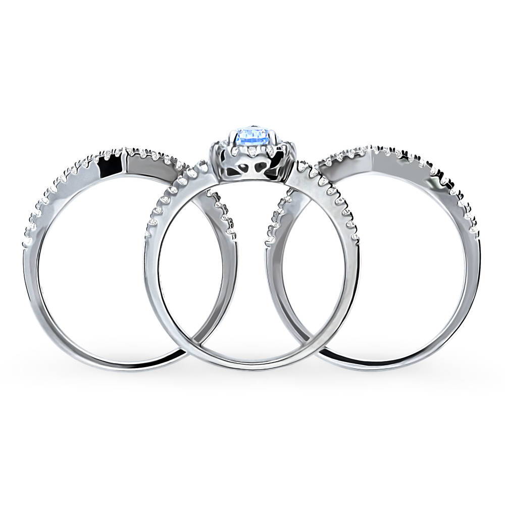 Halo Wishbone Blue CZ Split Shank Ring Set in Sterling Silver