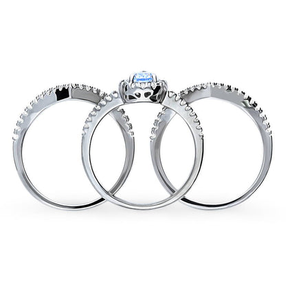 Halo Wishbone Blue CZ Split Shank Ring Set in Sterling Silver
