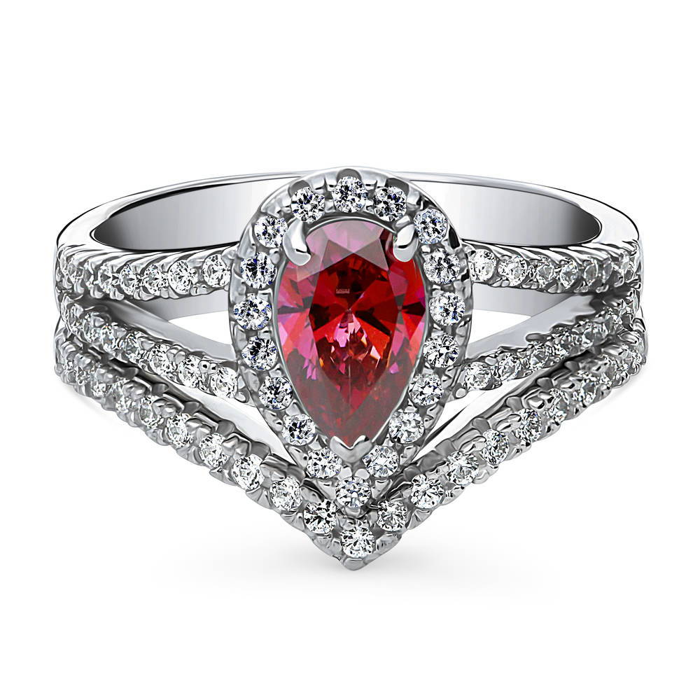 Halo Wishbone Red Pear CZ Split Shank Ring Set in Sterling Silver