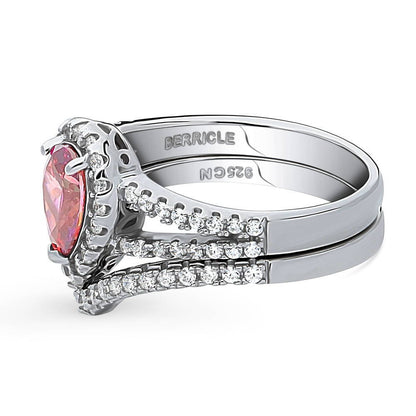 Halo Wishbone Red Pear CZ Split Shank Ring Set in Sterling Silver
