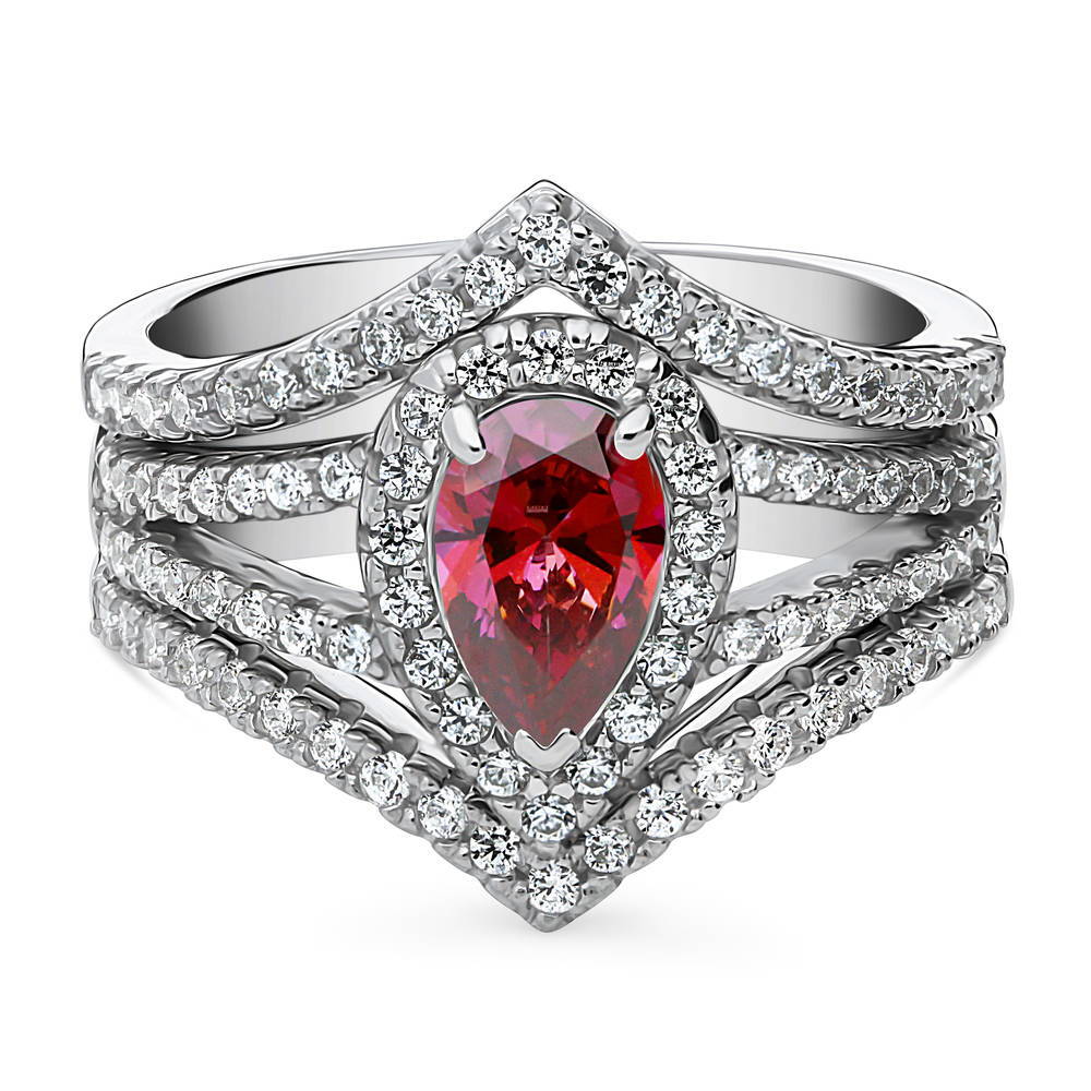Halo Wishbone Red Pear CZ Split Shank Ring Set in Sterling Silver, 1 of 15