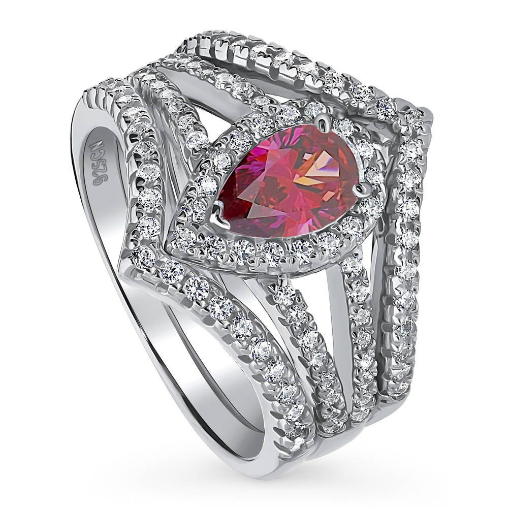 Halo Wishbone Red Pear CZ Split Shank Ring Set in Sterling Silver