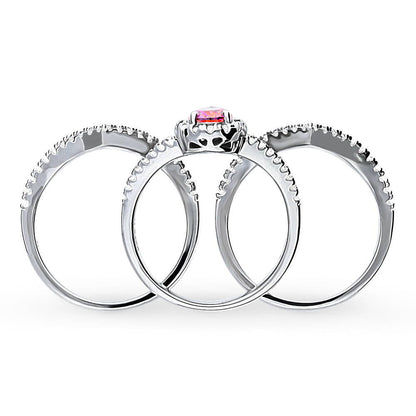 Halo Wishbone Red Pear CZ Split Shank Ring Set in Sterling Silver