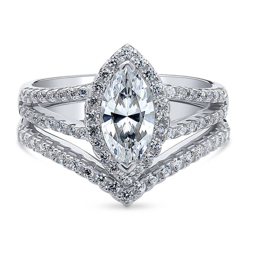 Halo Wishbone Marquise CZ Split Shank Ring Set in Sterling Silver