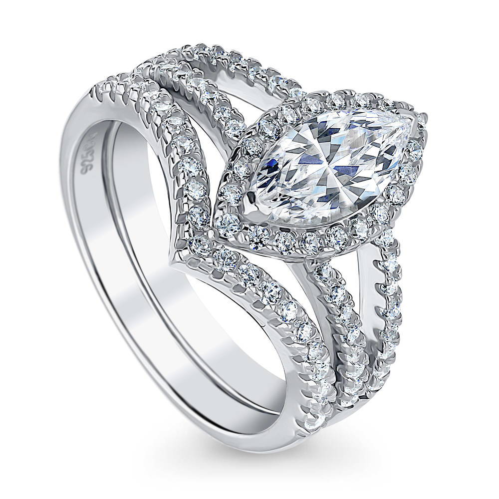 Front view of Halo Wishbone Marquise CZ Split Shank Ring Set in Sterling Silver, 4 of 10