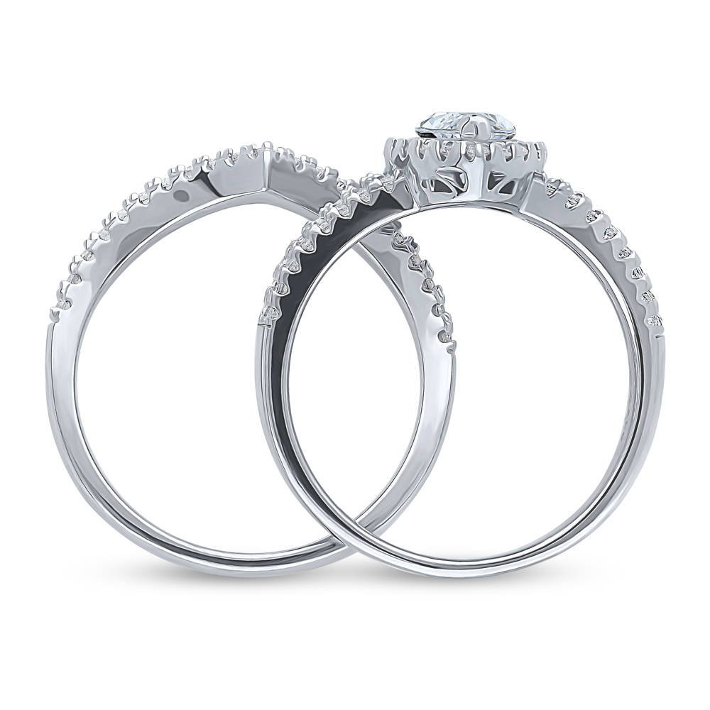Halo Wishbone Marquise CZ Split Shank Ring Set in Sterling Silver