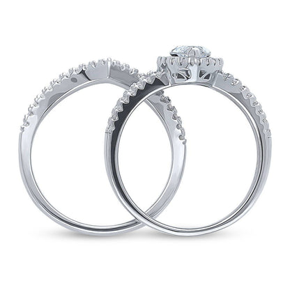 Halo Wishbone Marquise CZ Split Shank Ring Set in Sterling Silver