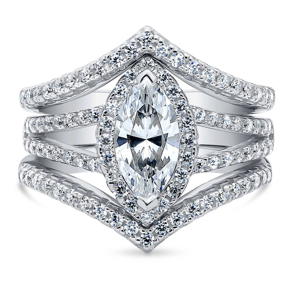 Halo Wishbone Marquise CZ Split Shank Ring Set in Sterling Silver