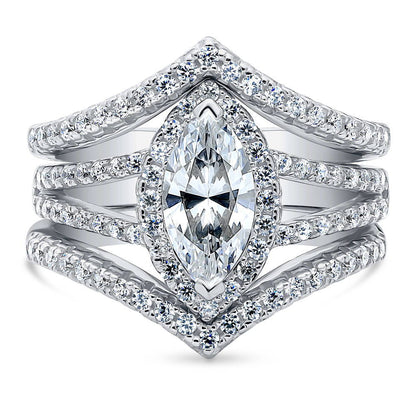 Halo Wishbone Marquise CZ Split Shank Ring Set in Sterling Silver