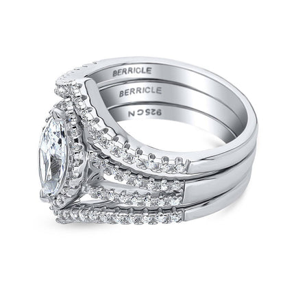 Halo Wishbone Marquise CZ Split Shank Ring Set in Sterling Silver