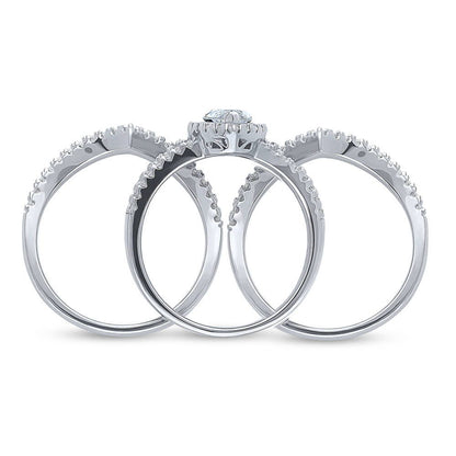 Halo Wishbone Marquise CZ Split Shank Ring Set in Sterling Silver