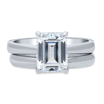 Solitaire 2.6ct Emerald Cut CZ Ring Set in Sterling Silver