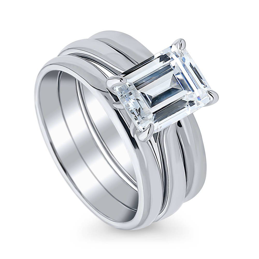 Front view of Solitaire 2.6ct Emerald Cut CZ Ring Set in Sterling Silver, 4 of 11