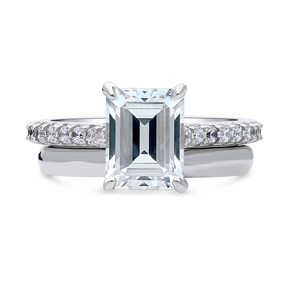 Solitaire 2.6ct Emerald Cut CZ Ring Set in Sterling Silver, 1 of 11