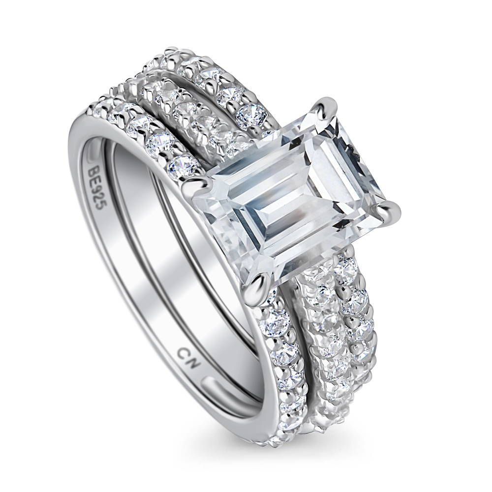 Front view of Solitaire 2.6ct Emerald Cut CZ Ring Set in Sterling Silver, 4 of 11