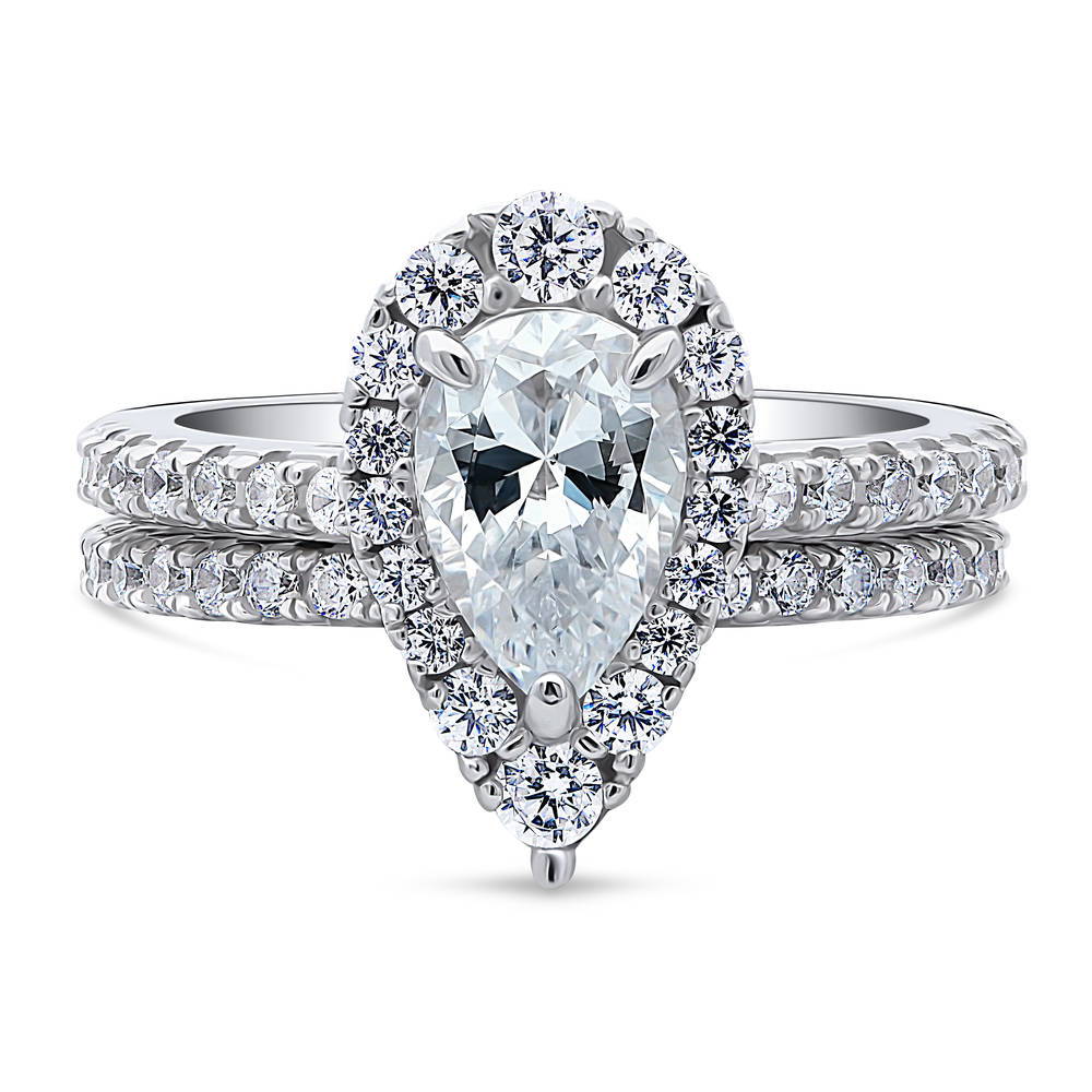 Halo Pear CZ Ring Set in Sterling Silver, 1 of 13