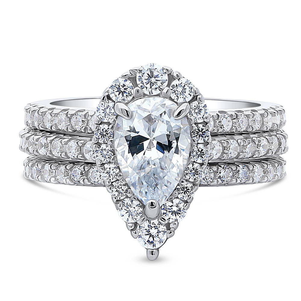 Halo Pear CZ Ring Set in Sterling Silver, 1 of 11