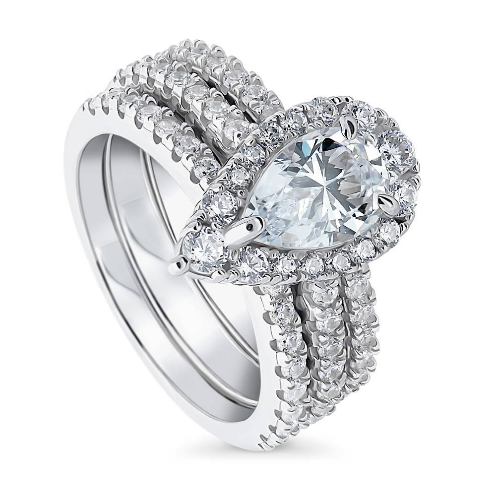 Front view of Halo Pear CZ Ring Set in Sterling Silver, 4 of 11