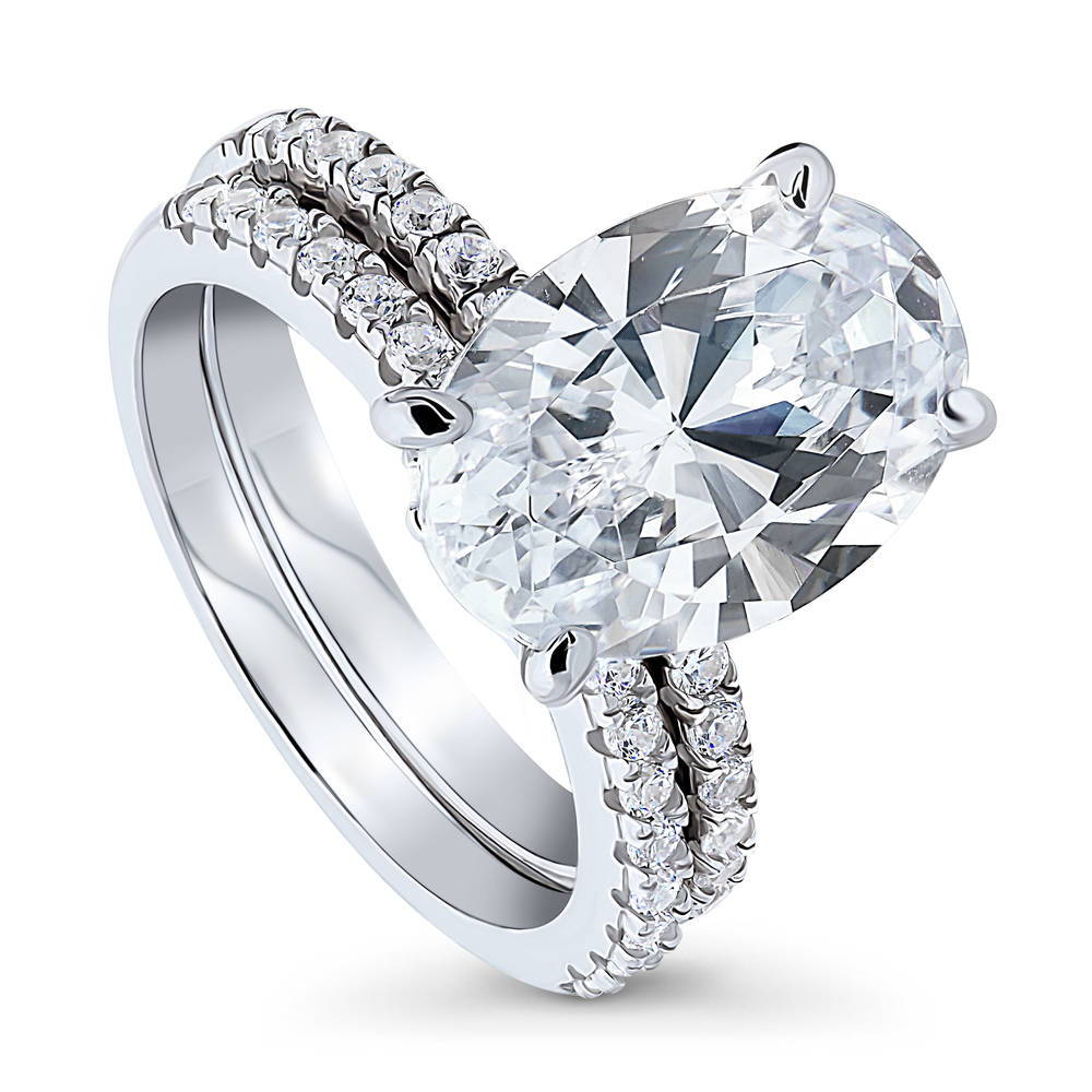 Front view of Solitaire Hidden Halo 5.5ct Oval CZ Ring Set in Sterling Silver, 4 of 12