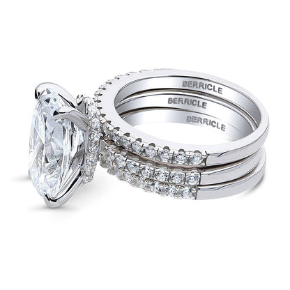 Solitaire Hidden Halo 5.5ct Oval CZ Ring Set in Sterling Silver