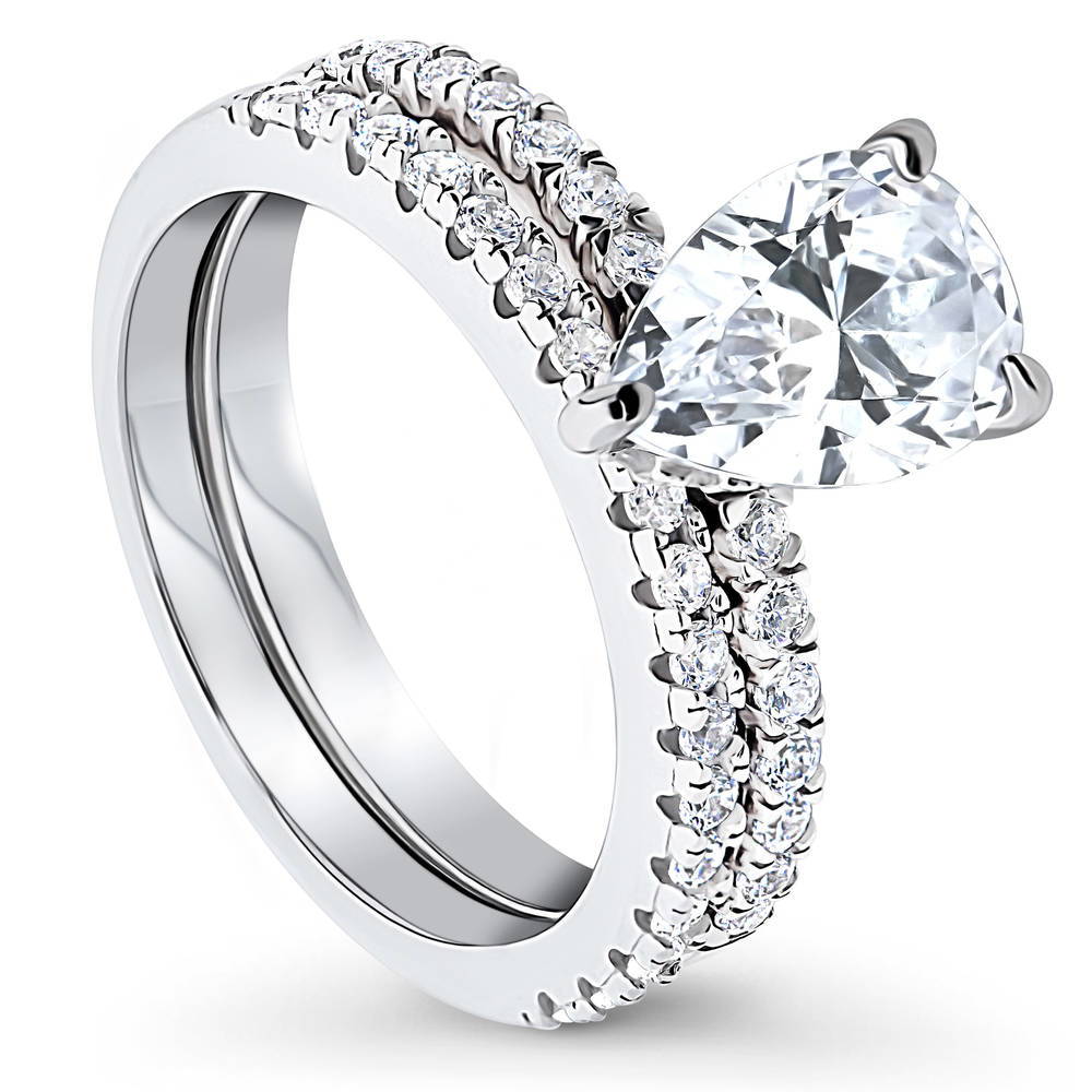 Front view of Solitaire Hidden Halo 1.8ct Pear CZ Ring Set in Sterling Silver, 4 of 12
