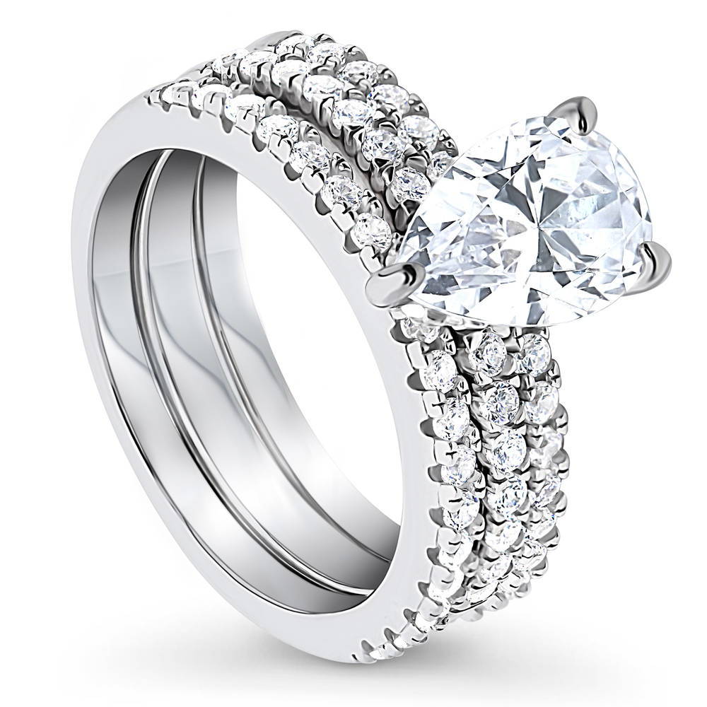 Solitaire Hidden Halo 1.8ct Pear CZ Ring Set in Sterling Silver